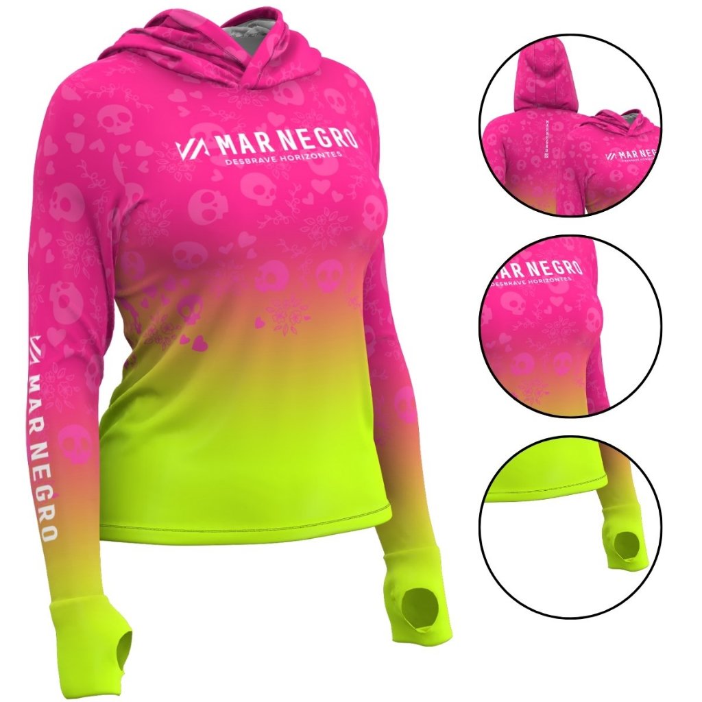 Camisa de Pesca Feminina Sublimada Caveira Rosa Mar Negro