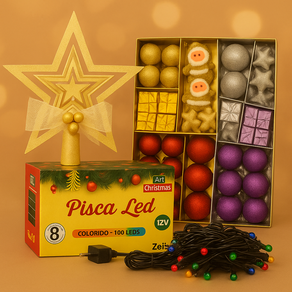 Kit De Enfeites Para Árvore de Natal Papai Noel Estrela Presente Bolinhas Pisca Pisca Ponteira