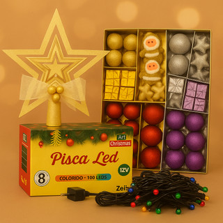 Kit De Enfeites Para Árvore de Natal Papai Noel Estrela Presente Bolinhas Pisca Pisca Ponteira