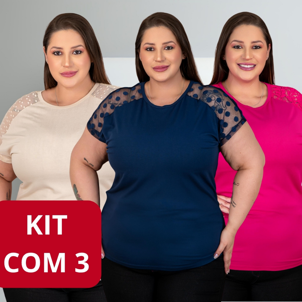 Kit com 3 blusa plus size decote redondo básica feminina
