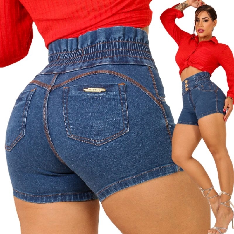 Short Jeans Feminino Cintura Alta Com Lycra Elastano Cós Elastico Shortinho Curto Praia Verão Dins Premium
