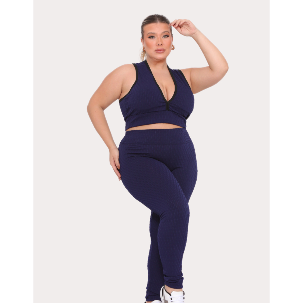 Conjunto Fitness Calça Legging Cintura Alta E Top Com Bojo Bolha Disfarça Celulite
