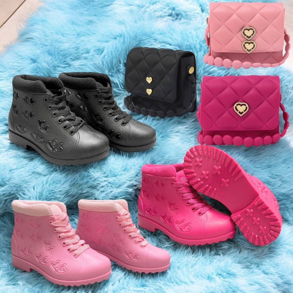 Conjunto Infantil Bota + Bolsinha Coração Feminino | Material Confortável E Impermeável Criancice