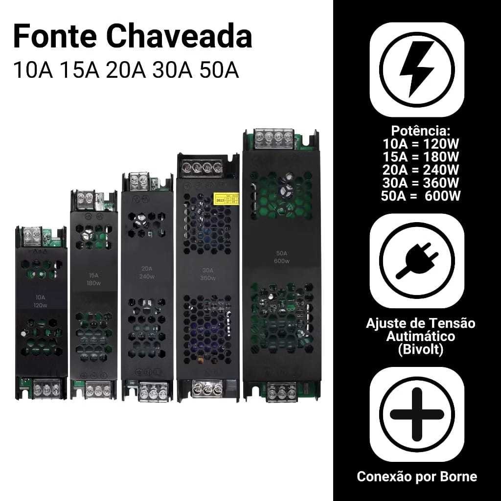 Fonte Chaveada Slim 12V/24V 5A-10A-20A-30A-50A P/ Cftv Fita Led Som Automotivo Bivolt