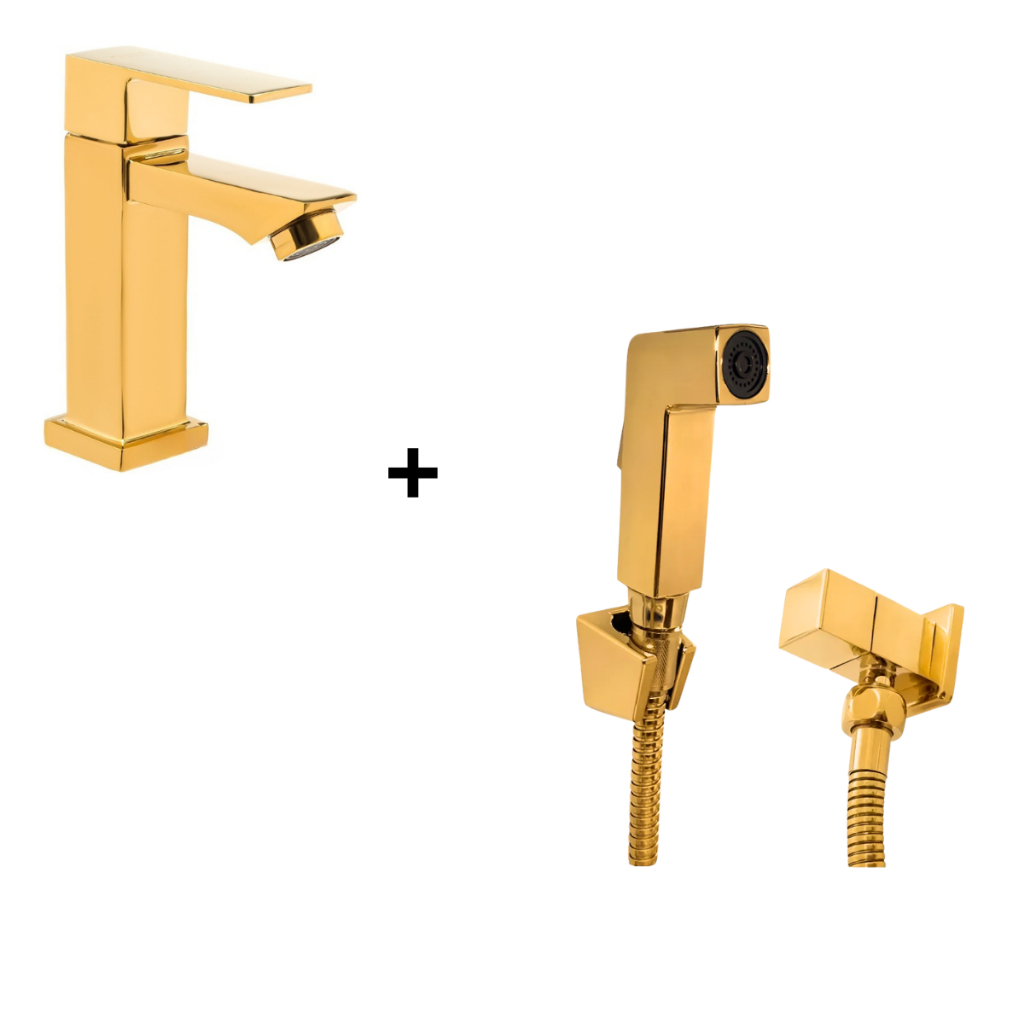 Kit Banheiro Dourado Torneira + Ducha Higiênica Chuveirinho Luxo Quadrada Metal INoxidavel em Oferta na Shopee