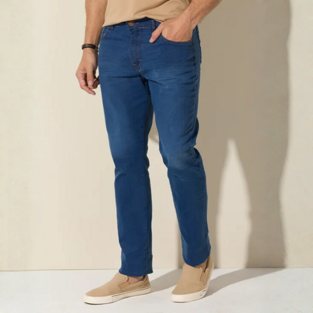 Calça Jeans Masculina Tradicional Bolsos Funcionais com Elastano Lycra Slim Reta Sarja Elastano