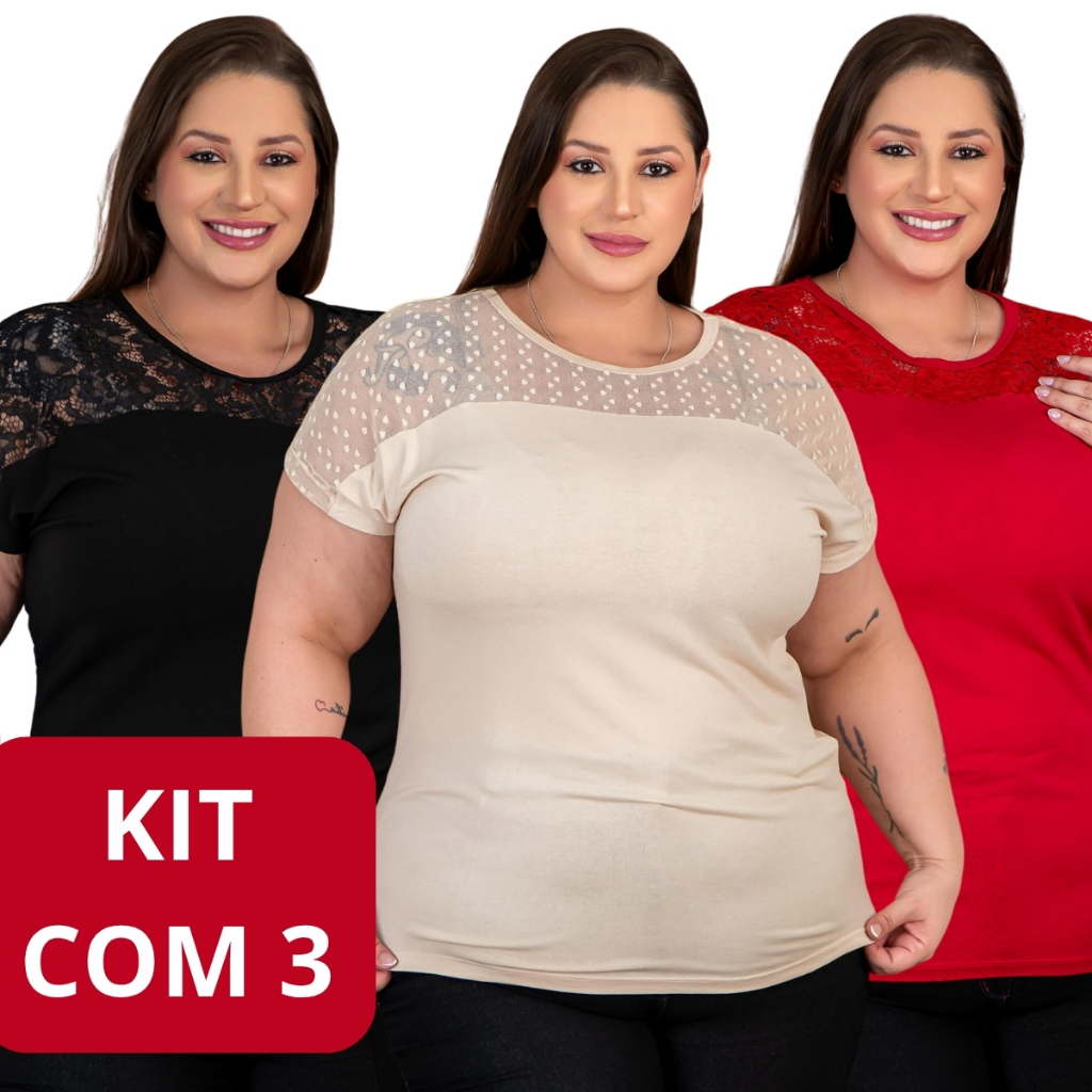 Kit 3 Blusas Plus Size Feminina Em Viscolycra Com Detalhe no Ombro Básica Casual