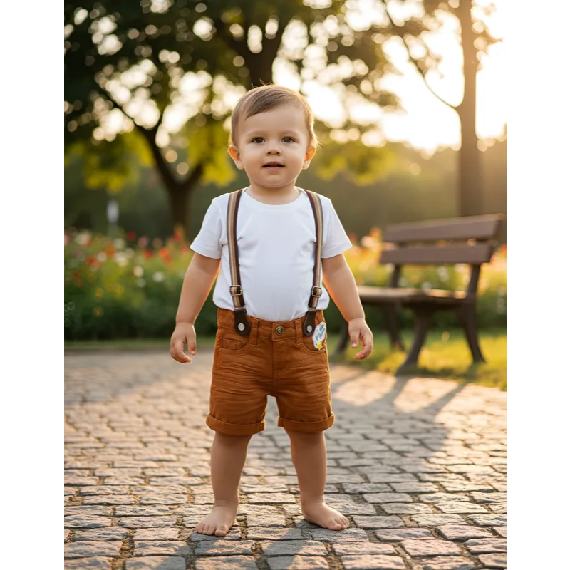 Roupa Infantil Bermuda Short Jeans Colorido com Suspensório Bebê Menino