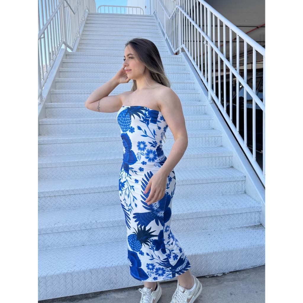 Vestido Longo Feminino Blogueira Tomara que Caia Estampado Tropical Praia Primavera Verão Natal em Oferta na Shopee