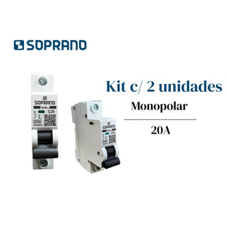 Kit c/ 2 Disjuntores 20A Soprano Monopolar 1 Polo Curva C Trilho Din Unipolar Instalação Elétrica Quadro Distribuicao