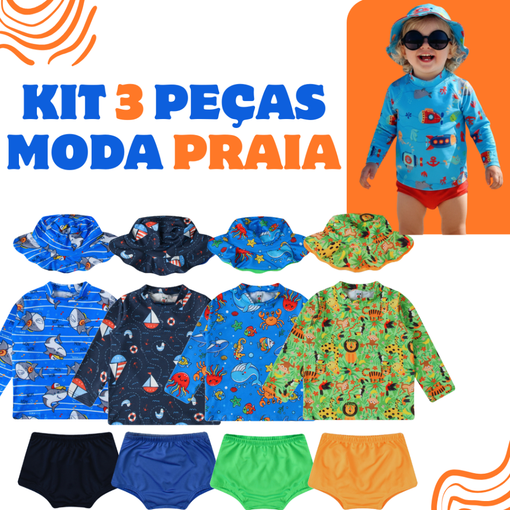 Kit Blusa com Proteção Solar UV50 + Tapa Fraldas + Chapéu Bebê e Infantil Moda Praia Meninos Diju