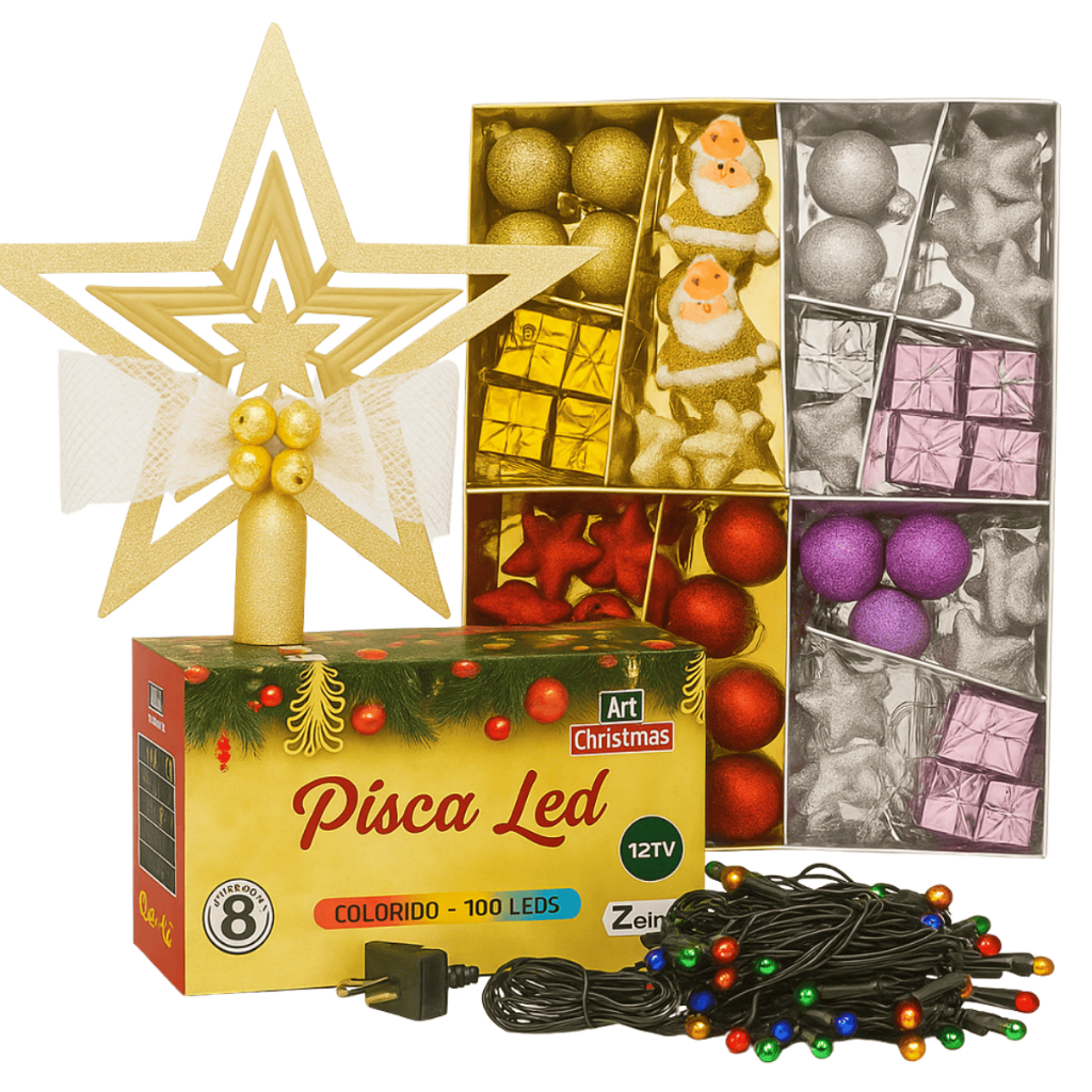 Kit Enfeites De Árvore De Natal Pisca-Pisca Ponteira de Estrela Enfeite Natalino Papai Noel Presente