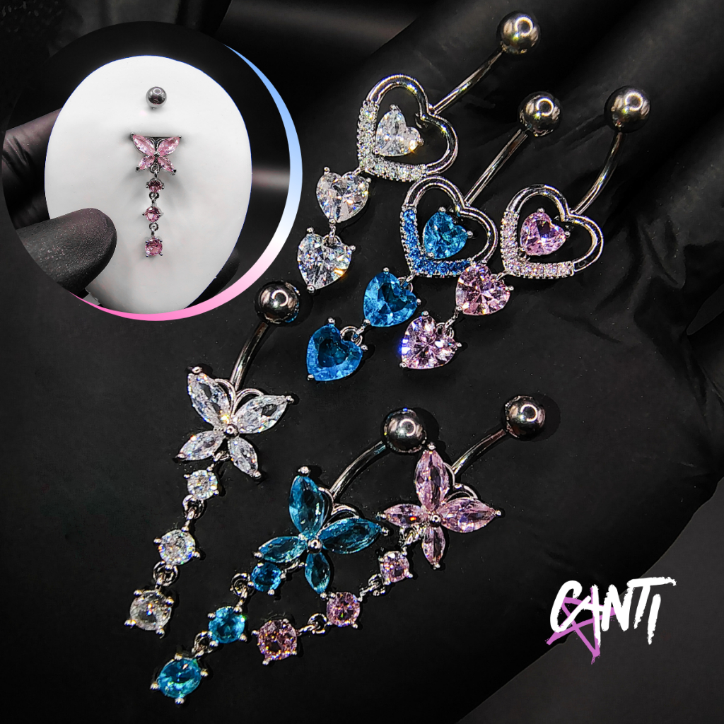 Piercing Umbigo Coração e Borboleta com Pingentes | Azul, Rosa e Branco | Haste em Titânio em Oferta na Shopee