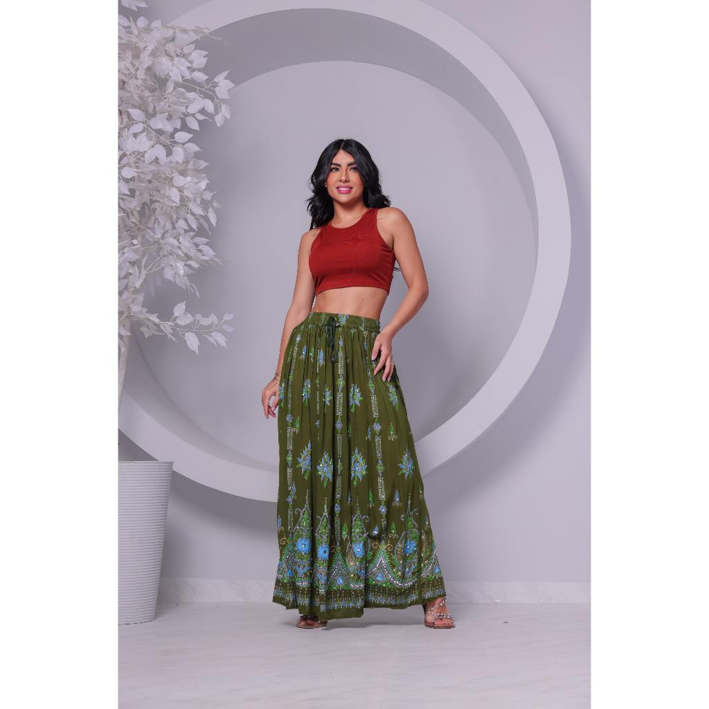 Saia Longa brilho Estampa cashmere Indiana em Oferta na Shopee