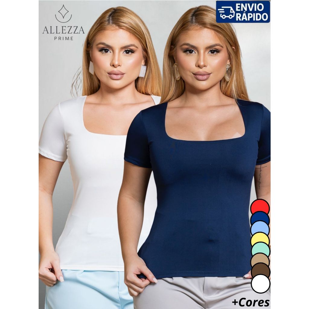 Kit 2 Blusas Femininas Decote Quadrado Manga Curta Casual em Oferta na Shopee