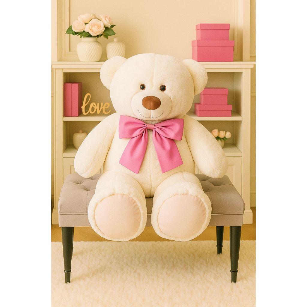 Urso De Pelúcia Teddy Bear Grande Com Laço 50 cm Antialérgico - Baunilha em Oferta na Shopee