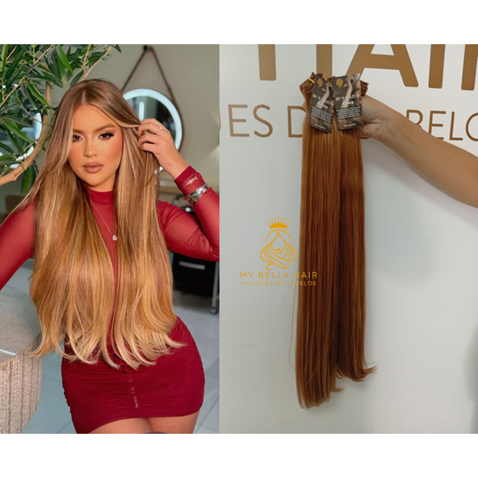 Aplique de Cabelo na Tela Mega Hair Natural Fibra Russa Liso Mel Acobreado 50cm Premium