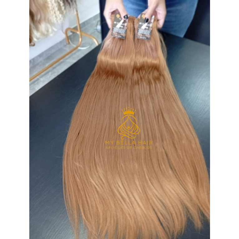 Aplique de Cabelo Europeu Semi Humano Natural Liso Mel Acobreado na Tela 50cm