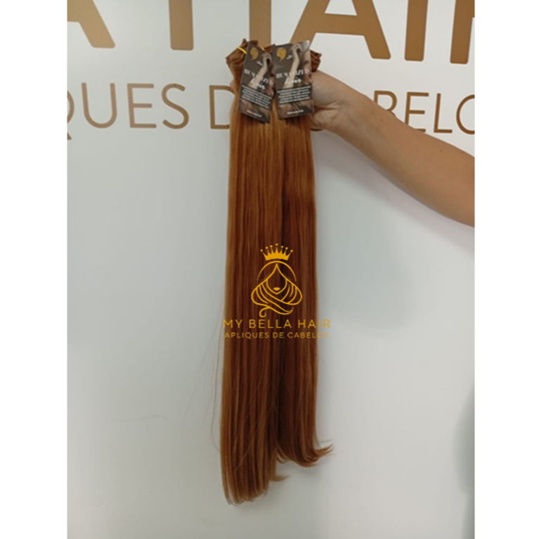 Aplique de Cabelo Fibra Russa Tela Semi Humano Natural 60cm Liso Mel Acobreado