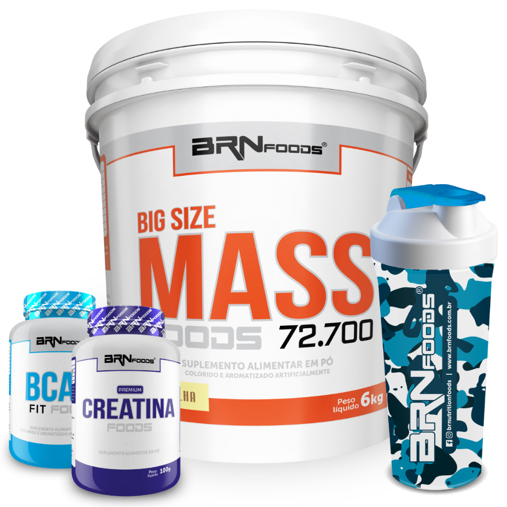 Kit Big Size Mass 6kg + BCAA FIT 100g + Premium Creatina 100g + Coqueteleira - BRNFOODS em Oferta na Shopee