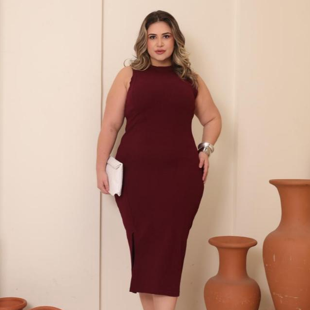 Vestido Feminino Plus Size Midi Regata Com Fenda Canelado GG G1 G2