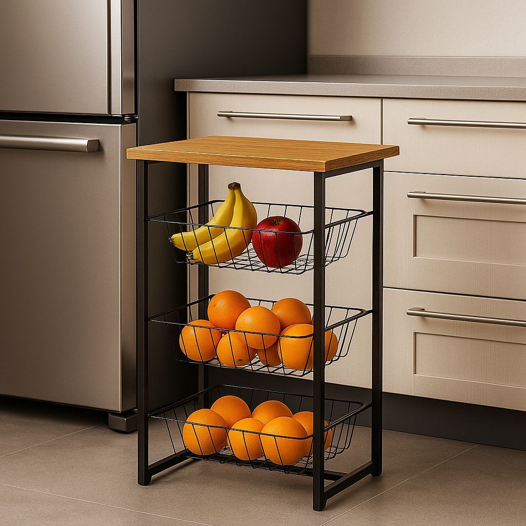 Fruteira 3 Cestos Cozinha Preta Em Aço Tampo em Mdp Cesto Organizador Multiuso em Oferta na Shopee