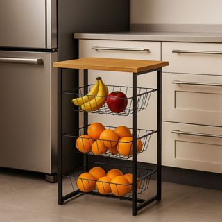 Fruteira 3 Cestos Cozinha Preta Em Aço Tampo em Mdp Cesto Organizador Multiuso em Oferta na Shopee