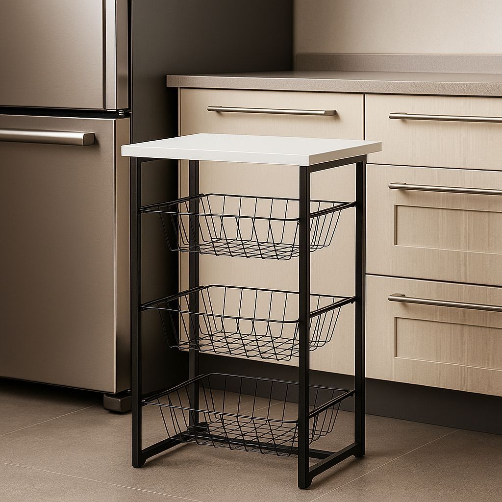 Fruteira 3 Cestos Cozinha Preta Em Aço Tampo em Mdp Cesto Organizador Multiuso