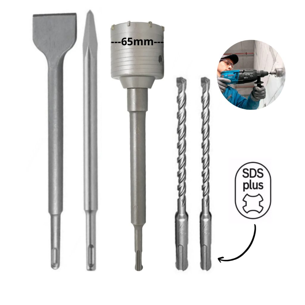 Kit 7 Pçs Serra Copo Parede 65mm, Suporte 200mm, Broca Guia, Talhadeira, Ponteira Brocas Sds Plus P/ Marteletes Sds Plus