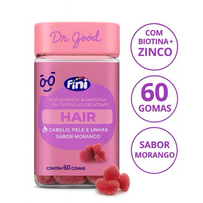 Dr. Good Hair Fini para Cabelos Peles e Unhas Morango 60 Gomas Vitaminas A C D E B6 Biotina Zinco