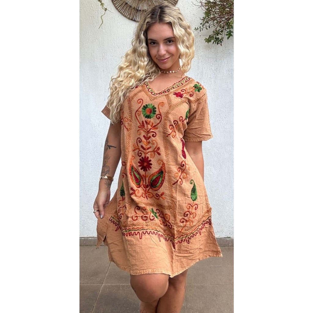 Vestido Indiano Estonado Bordado De Manga Curta Ate O Joelho