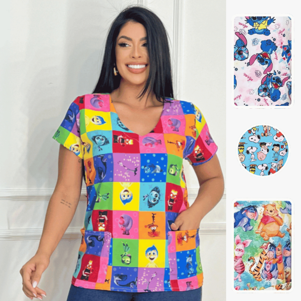 Blusa Bata Scrubs Feminina Estampada Divertidamente Personagens Profissões Pijama Cirúrgico em Oferta na Shopee