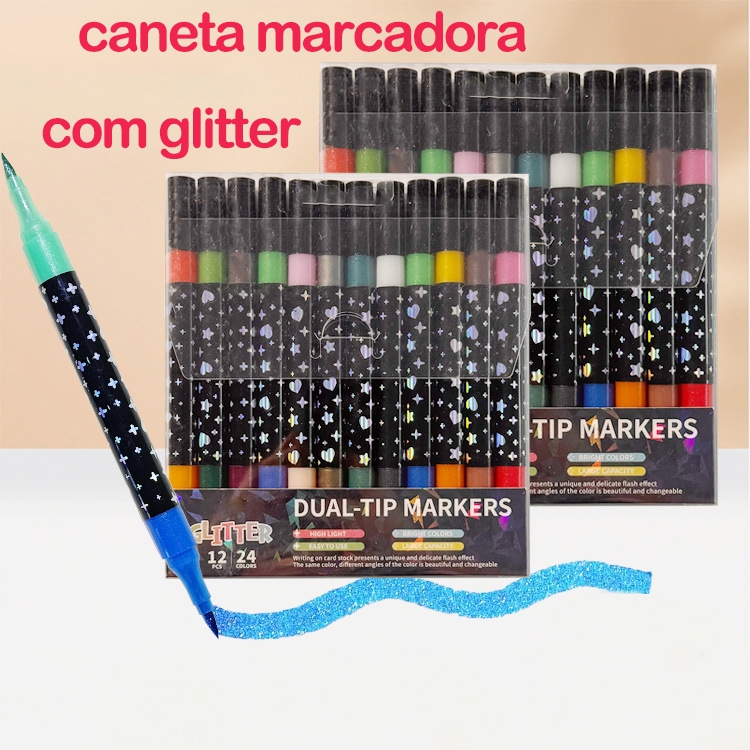 Caneta Marcadora Glitter Dupla Ponta 12/24/36/48 Cores Para Arte Planner Desenho Papelaria em Oferta na Shopee