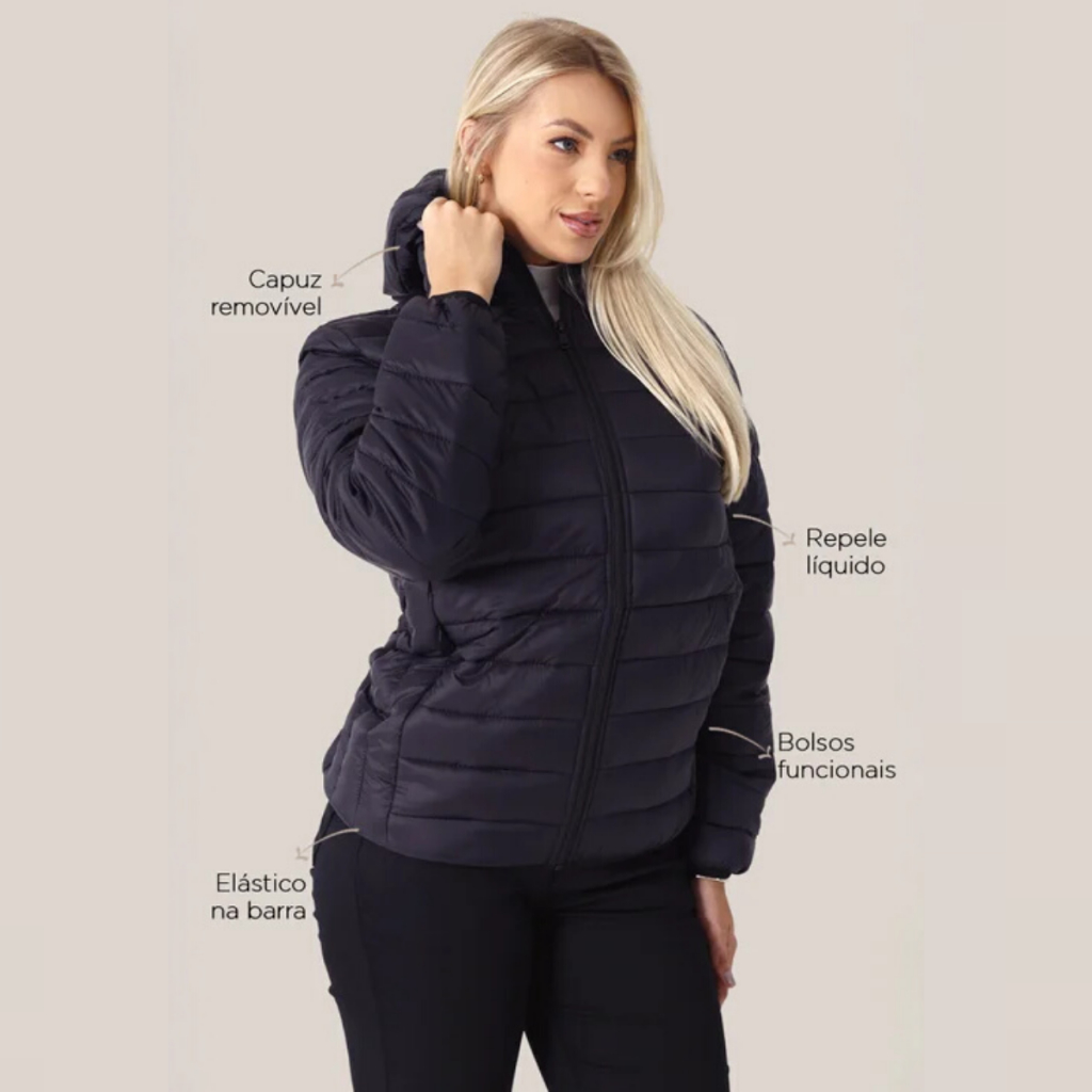 Jaqueta Feminina Puffer Nylon Casaco Bobojaco Impermeável com Capuz Removível Bolso Interno Gominho