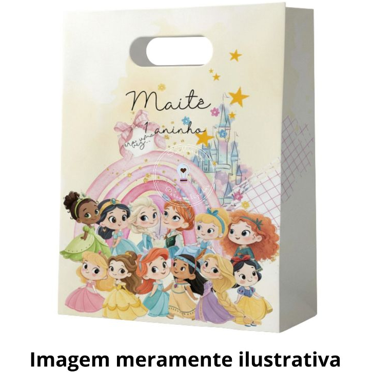 Sacola Personalizada Boca de Palhaço M PRINCESAS AQUARELA Lembrancinha para festa Infantil DESMONTADA