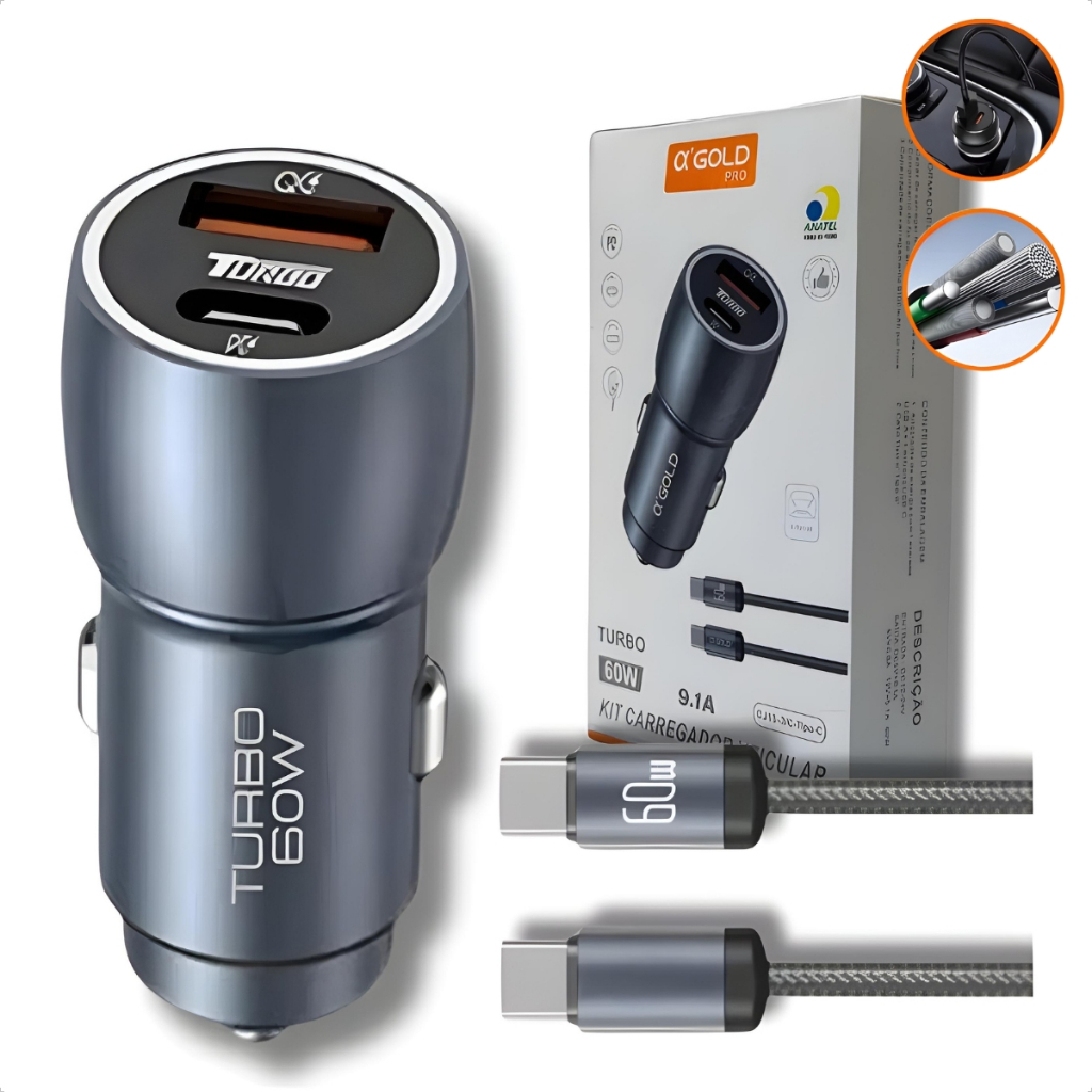 Carregador Veicular Turbo 60w Cabo Tipo-C USB-C Compatível com Samsung iPhone Mo