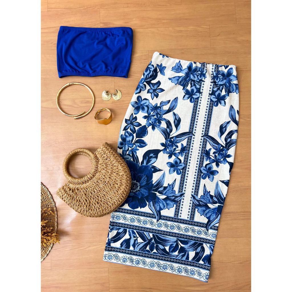 Saia Midi Estampada saia lápis Floral cintura alta Azul Floral Verão em Oferta na Shopee