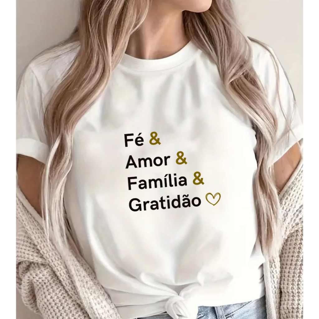 Camiseta Fé Amor Família Gratidão Unissex Natalia Camiseta 100% Algodão Várias Cores Final de Ano Lançamento
