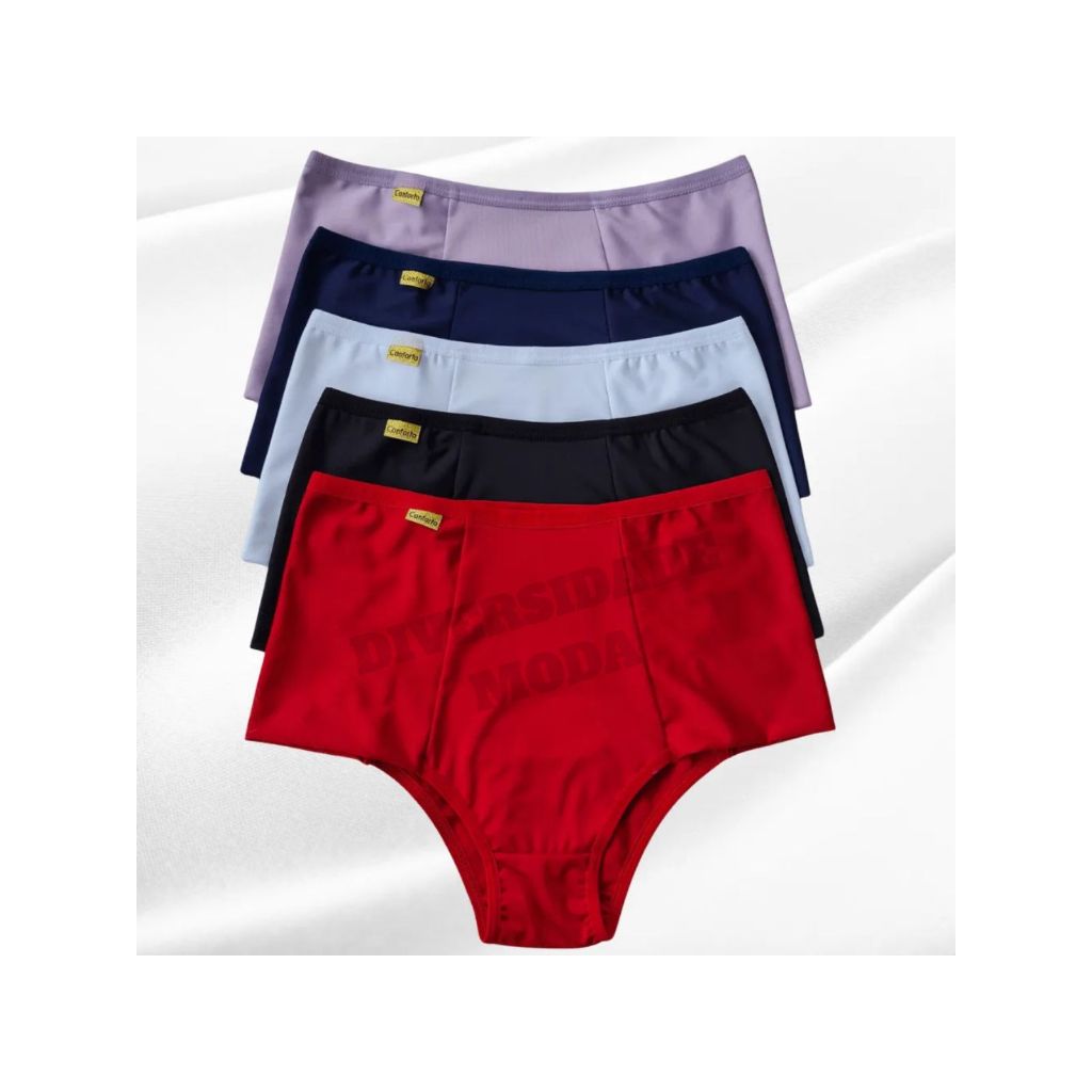 KIT 5 Calcinha Calçola Cintura Alta Microfibra Lisa Redutora Luxo Lateral Larga Conforto Lingerie