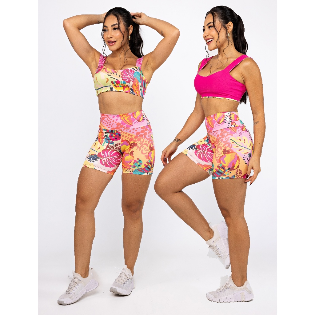 Conjunto Fitness Dupla Face Feminino Top Alças Largas e Short Cintura Alta Modelador Ioga Academia
