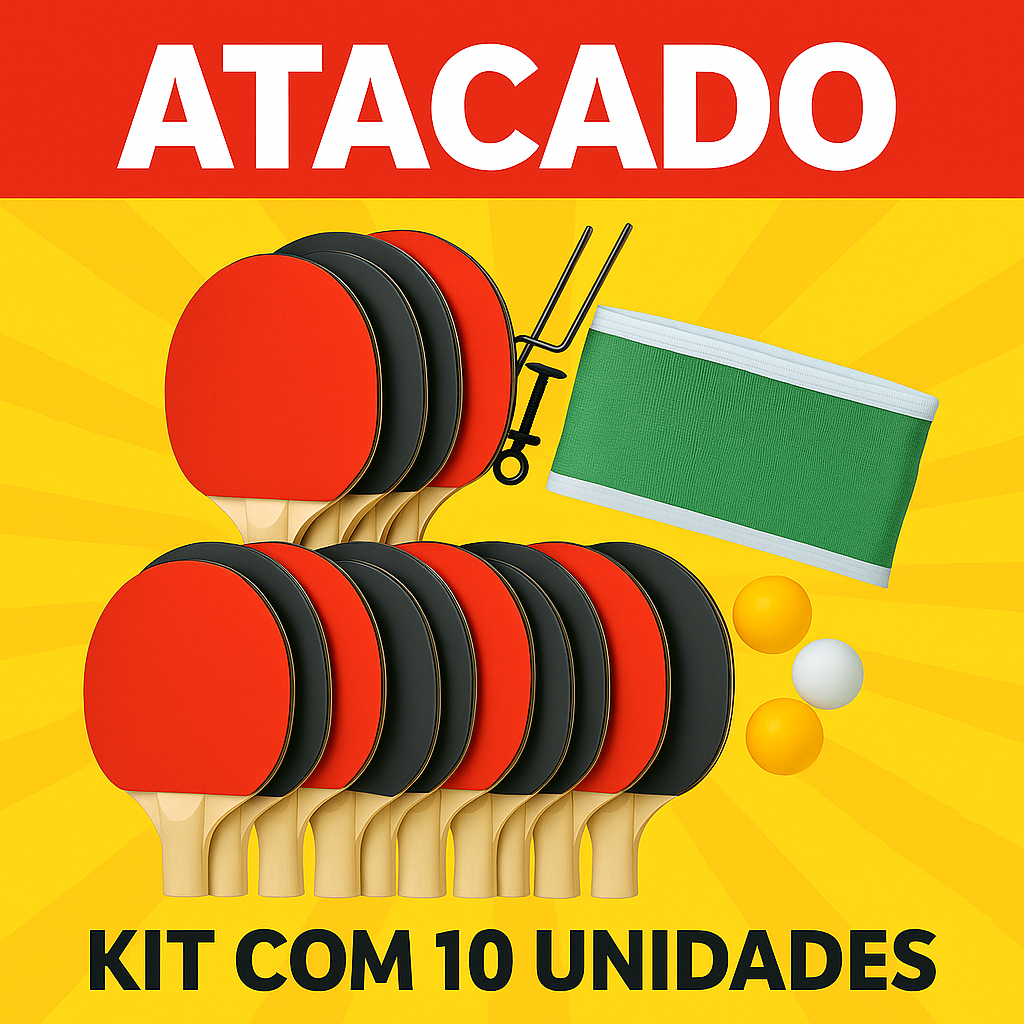 Kit 10 Raquetes com Rede 1,2 Mts Atacado Revenda Ping Pong Tênis de Mesa Com 3 Bolinhas Lembrancinha