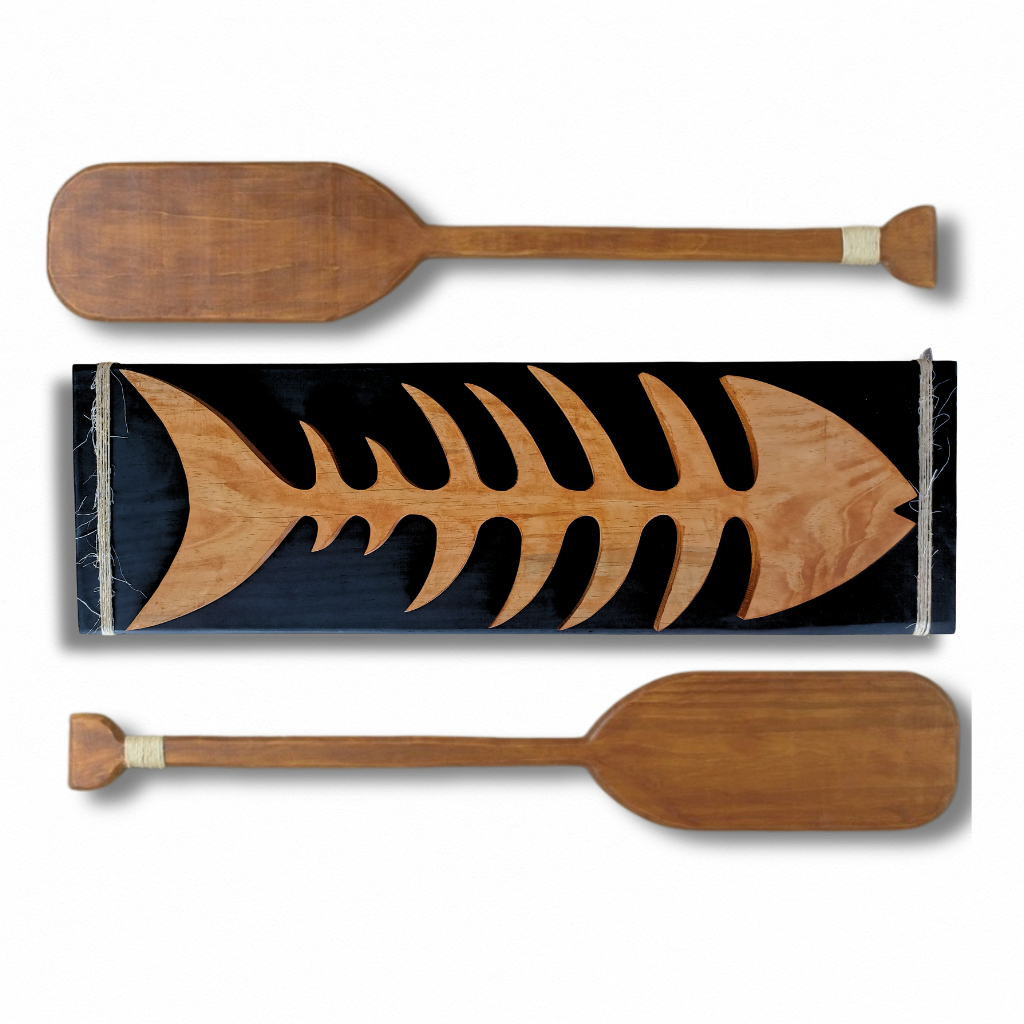 Quadro Decorativo Super Kit 2 Remos Rústicos e Quadro Espinha de Peixe Madeira Pinus Decoração de Praia Parede Casa Sala