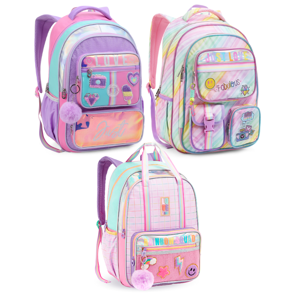 Mochila Escolar Feminina Infantil Rainbow Squad Holográfica com Pompom e Patches Divertidos Reforçada Grande