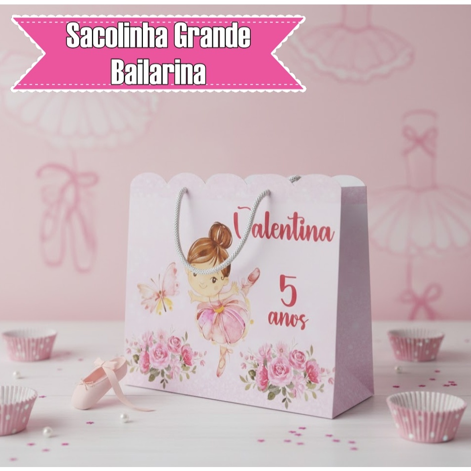 Sacolinhas Personalizadas Grandes - Lembrancinhas - Festa Aniversário - Bailarina Aquarelada