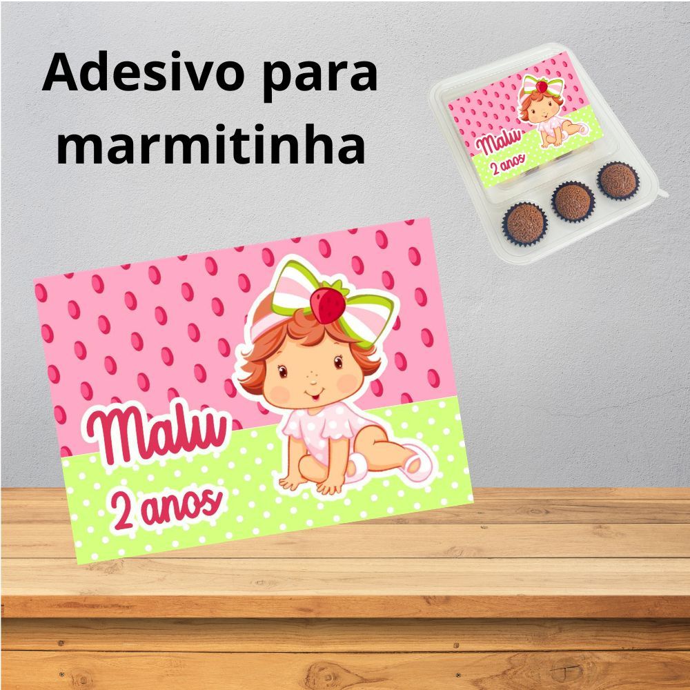 Adesivo para Marmitinha Moranguinho baby - rótulo adesivo para marmita modelo bolo e 3 doces