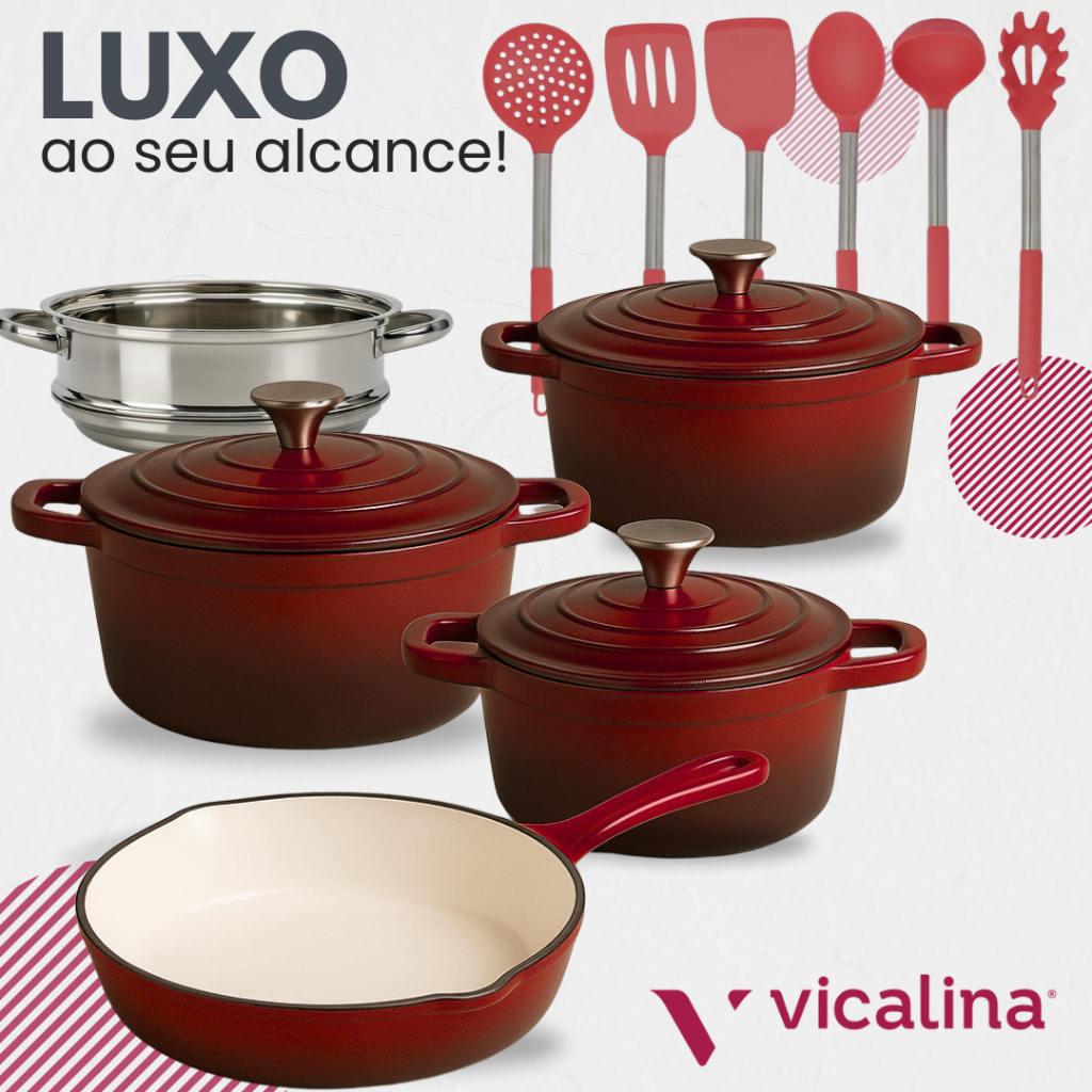 Conjunto de panelas ferro fundido esmaltadas 18 peças de luxo Vicalina