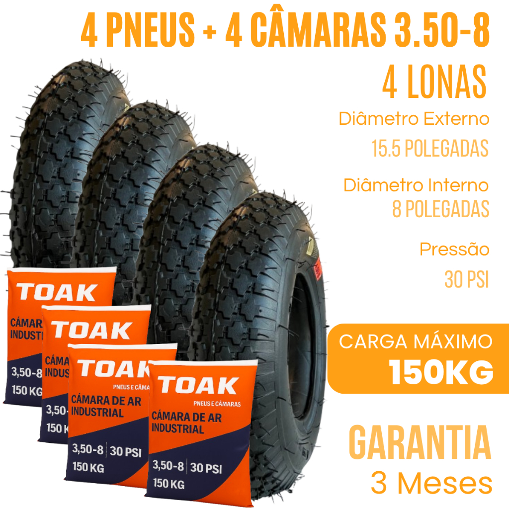 4 Pneus + 4 Câmaras 3.50-8 Carrinho De Mão, 4 Lonas, Aro 8 - Toak. em Oferta na Shopee