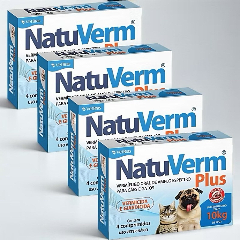 Kit C/ 4 Caixas Vermifugo Oral Vermicida E Giardicida Natu Verm Plus 660mg Cães ou Gatos 4 Comp. Sabor Carne
