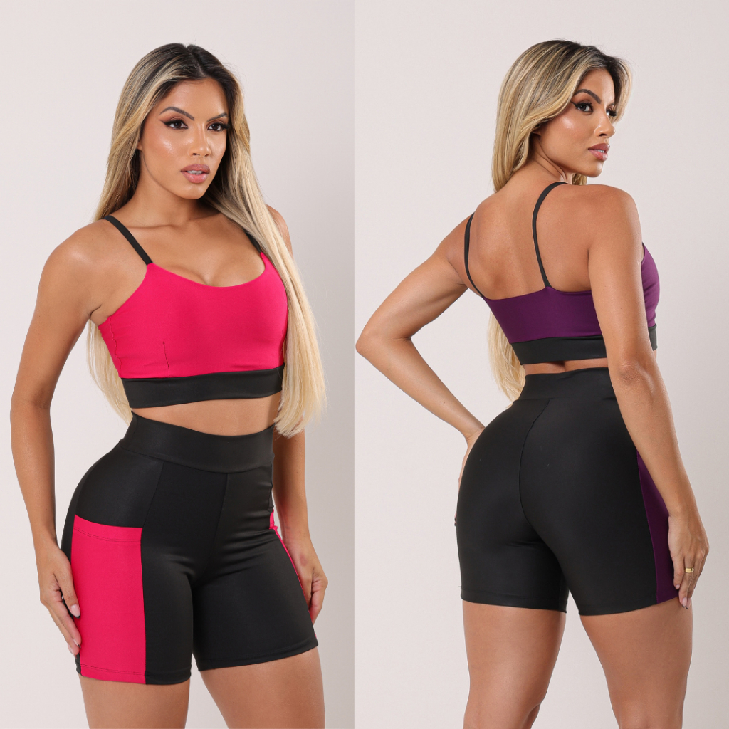 Conjunto Fitness Feminino Short e Top Com Bolso - Conjunto Academia Sem Transparência