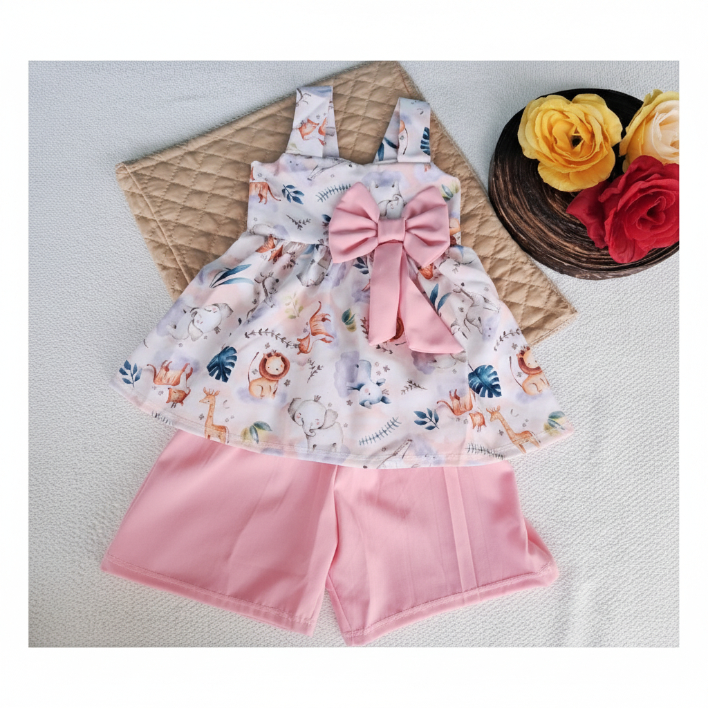 Conjunto Infantil Safari Menina Blusa Short Festa Aniversario  Confortavel Estampado